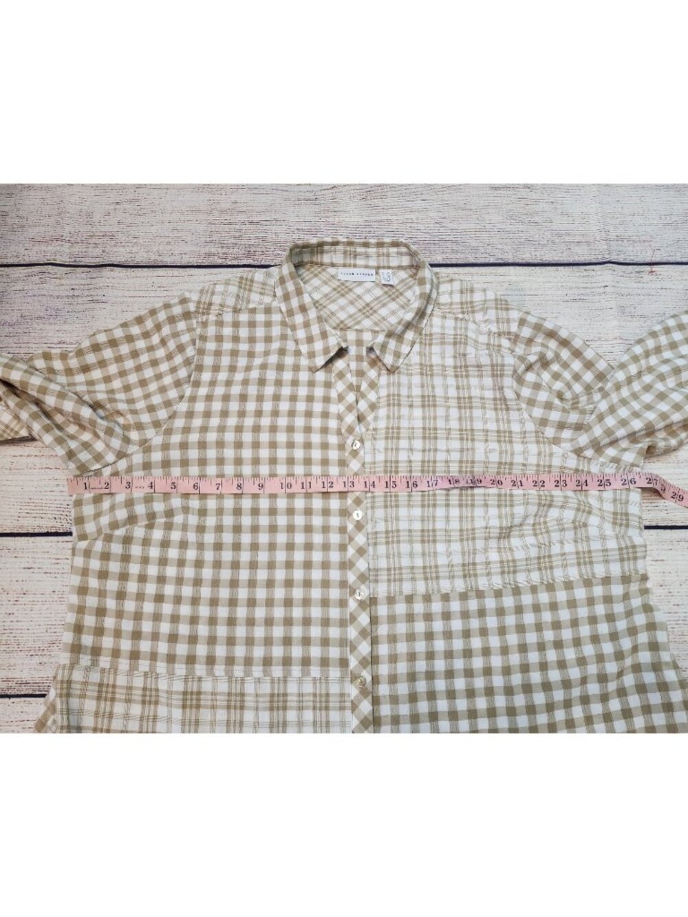 Susan Graver 2XL Yarn Dyed Gingham Button Front Shirt Tunic Raffia Tan Patchwork - Picture 11 of 12